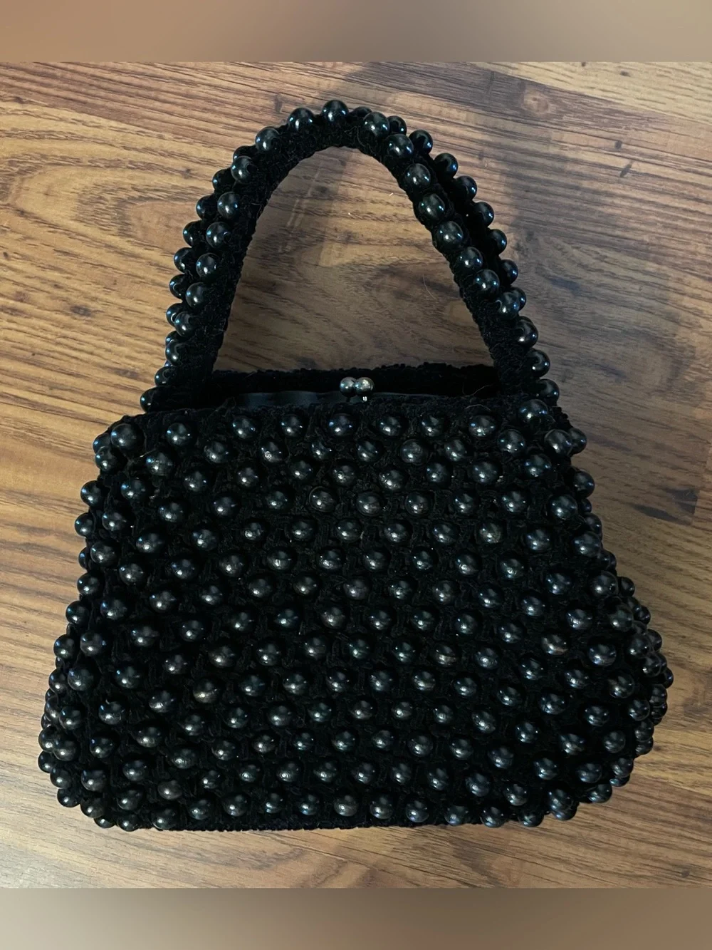 Vintage Black Beaded Top-Handle Metal Kiss Clasp Pochette Style Hand Bag